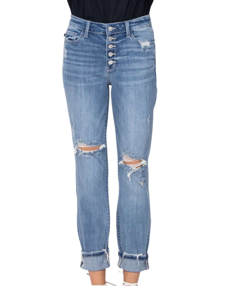 Front of a model wearing a size 24W Button Fly Destroyed Boyfriend High-Waist Jean In Blue in Blue by Judy Blue. | dia_product_style_image_id:350731